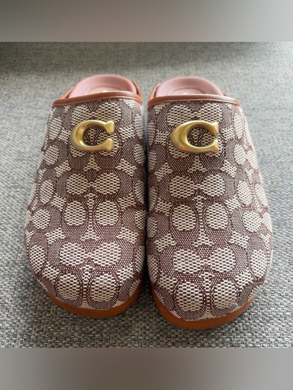 Coach Brown Signature Jacquard Clog Mules with Gold 'C' Accent